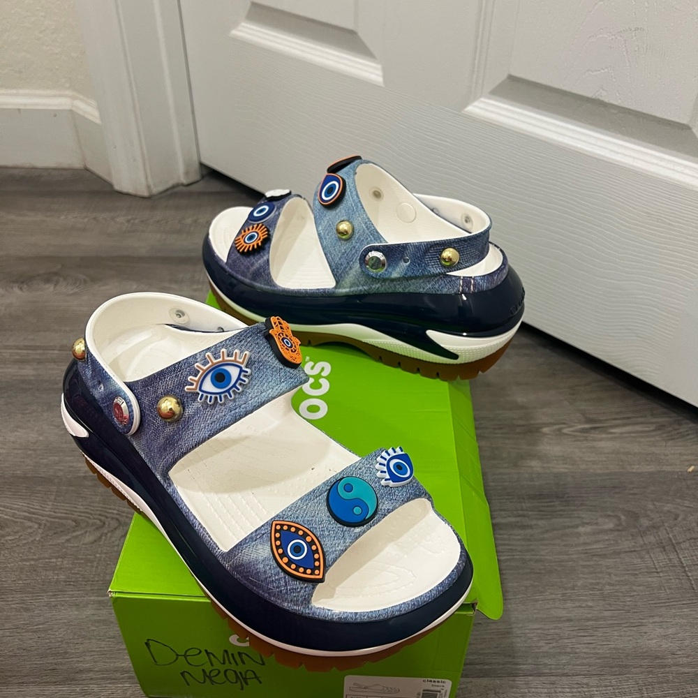 CROCS Navy and White Sandals with evil eye charms